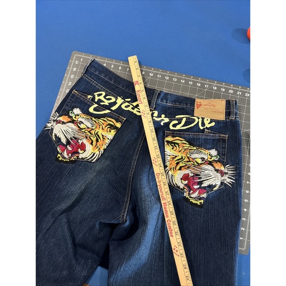 Ruff Ryder Jeans Mens 40x34 Blue Fade Tiger‎ Embroider Pockets Baggy Y2K - Picture 1 of 13